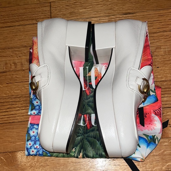 GUCCI SHOES HOUDAN PLATFORM WHITE LEATHER LOAFERS PUMPS w HORSEBIT - Picture 12 of 14